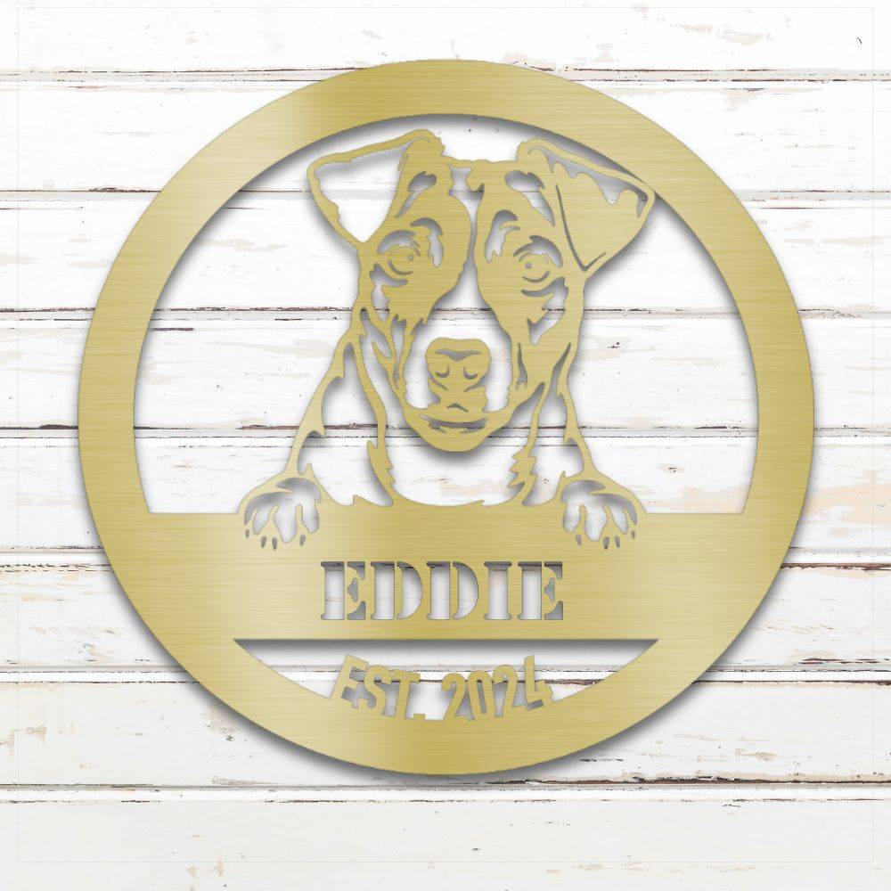 Gold Jack Russell Terrier personalized metal wall art with custom name and year; handcrafted from rustproof, weatherproof American steel | Barkhaus Metal Co.