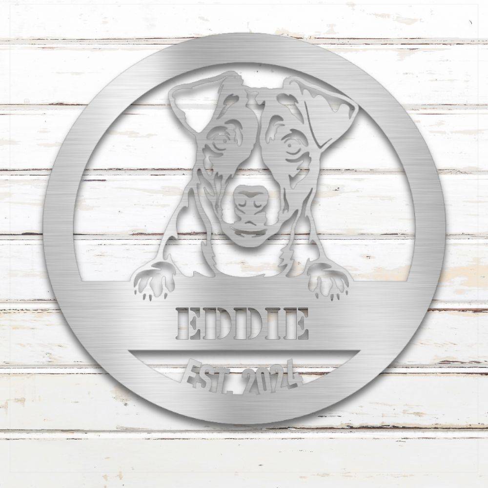 Silver Jack Russell Terrier personalized metal wall art with custom name and year; handcrafted from rustproof, weatherproof American steel | Barkhaus Metal Co.