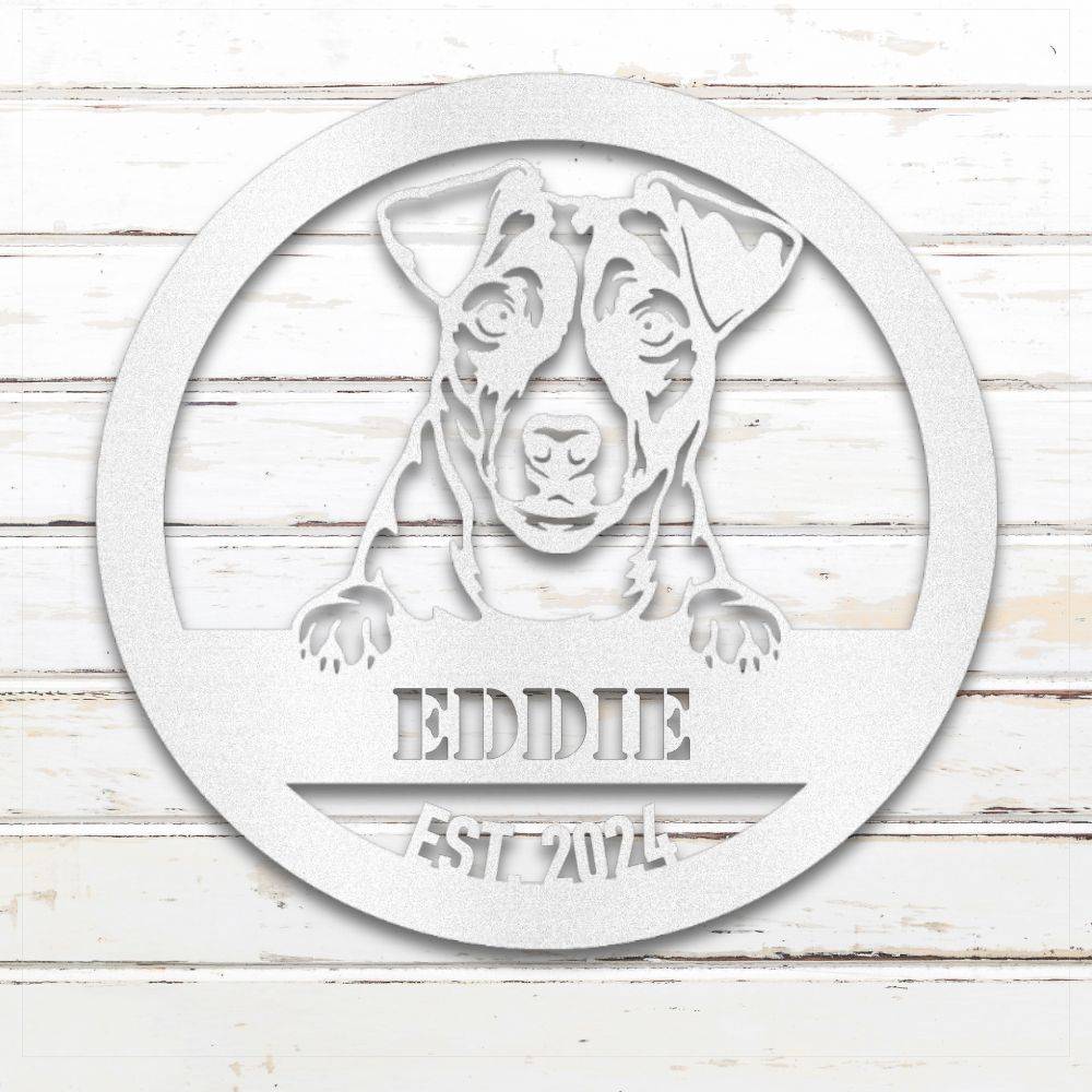 White Jack Russell Terrier personalized metal wall art with custom name and year; handcrafted from rustproof, weatherproof American steel | Barkhaus Metal Co.