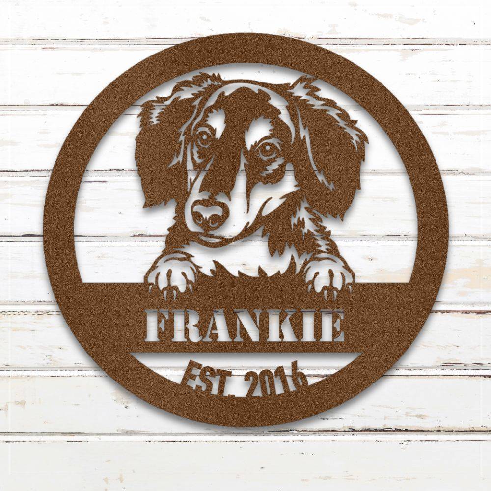 Copper Long-Haired Dachshund personalized metal wall art with custom name and year; handcrafted from rustproof, weatherproof American steel | Barkhaus Metal Co.