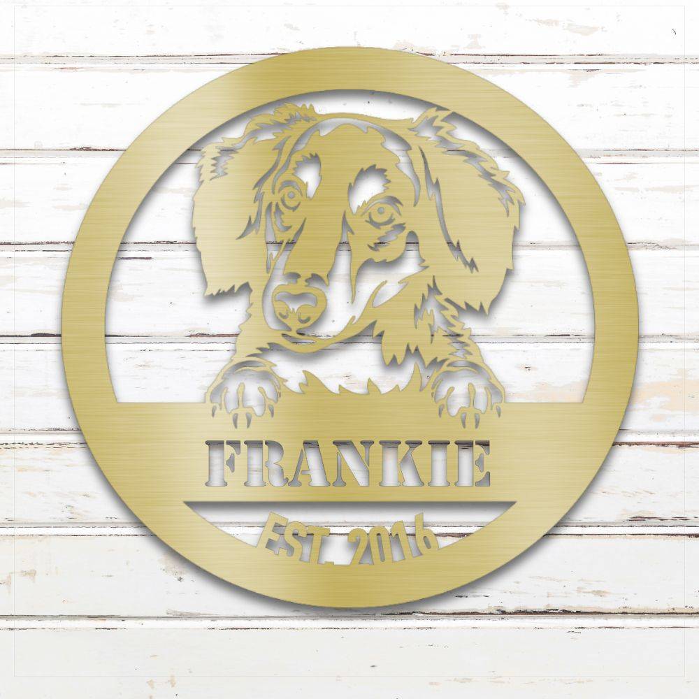 Gold Long-Haired Dachshund personalized metal wall art with custom name and year; handcrafted from rustproof, weatherproof American steel | Barkhaus Metal Co.