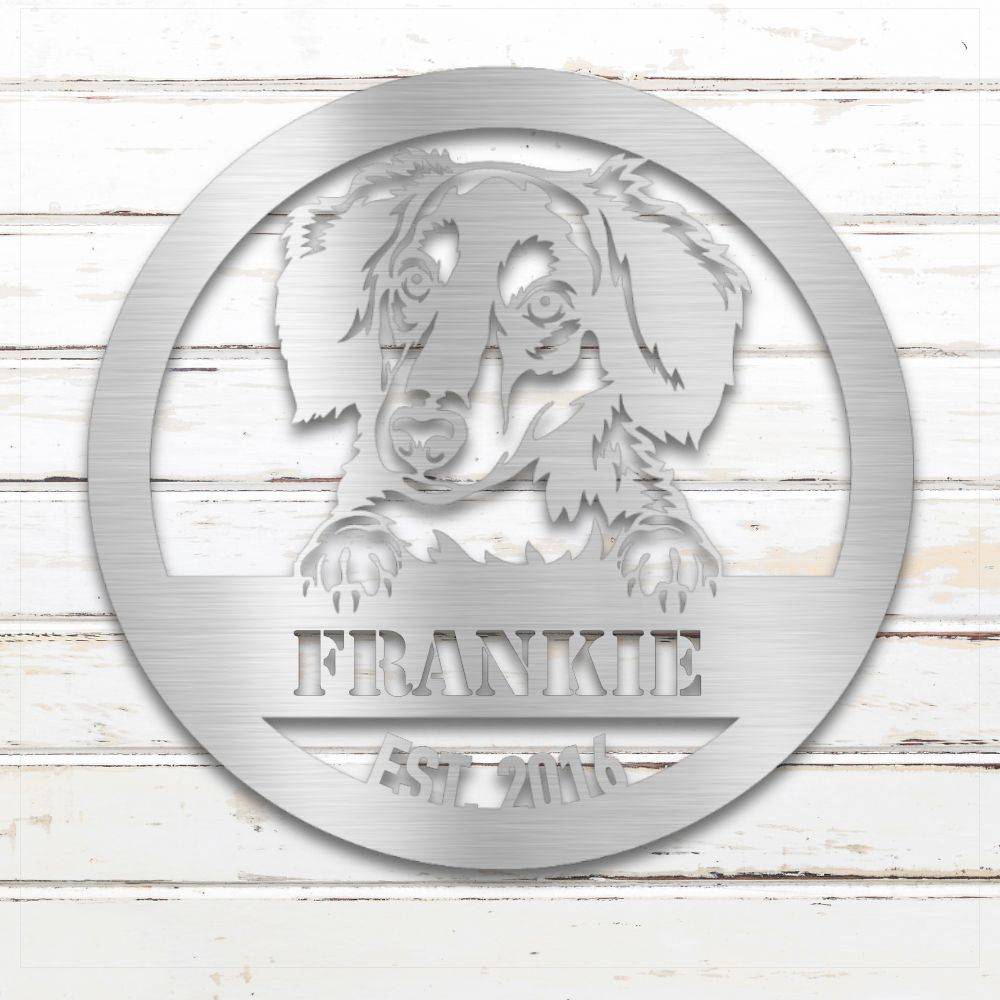 Silver Long-Haired Dachshund personalized metal wall art with custom name and year; handcrafted from rustproof, weatherproof American steel | Barkhaus Metal Co.
