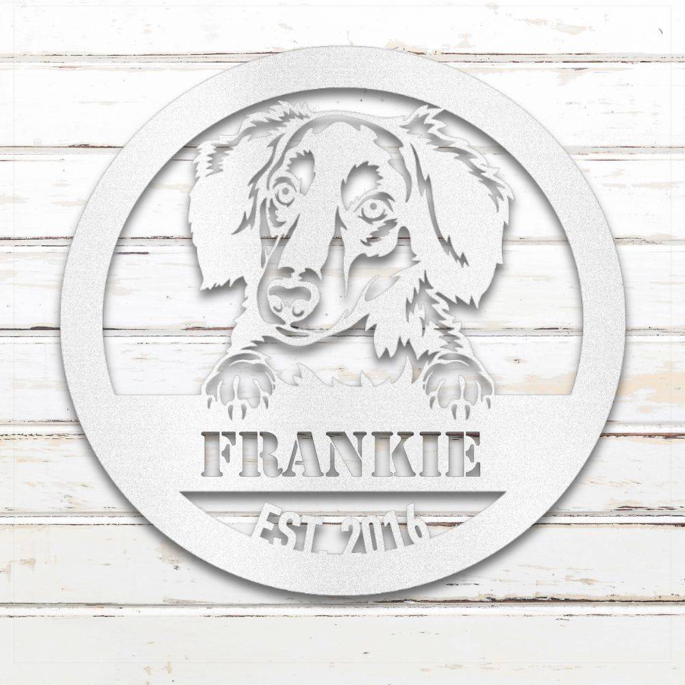 White Long-Haired Dachshund personalized metal wall art with custom name and year; handcrafted from rustproof, weatherproof American steel | Barkhaus Metal Co.