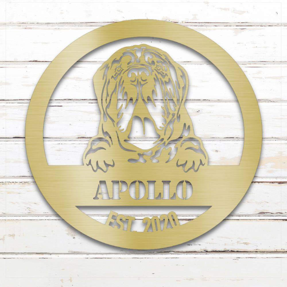 Gold Neapolitan Mastiff personalized metal wall art with custom name and year; handcrafted from rustproof, weatherproof American steel | Barkhaus Metal Co.