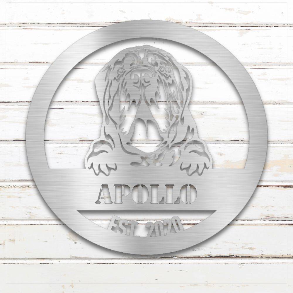 Silver Neapolitan Mastiff personalized metal wall art with custom name and year; handcrafted from rustproof, weatherproof American steel | Barkhaus Metal Co.