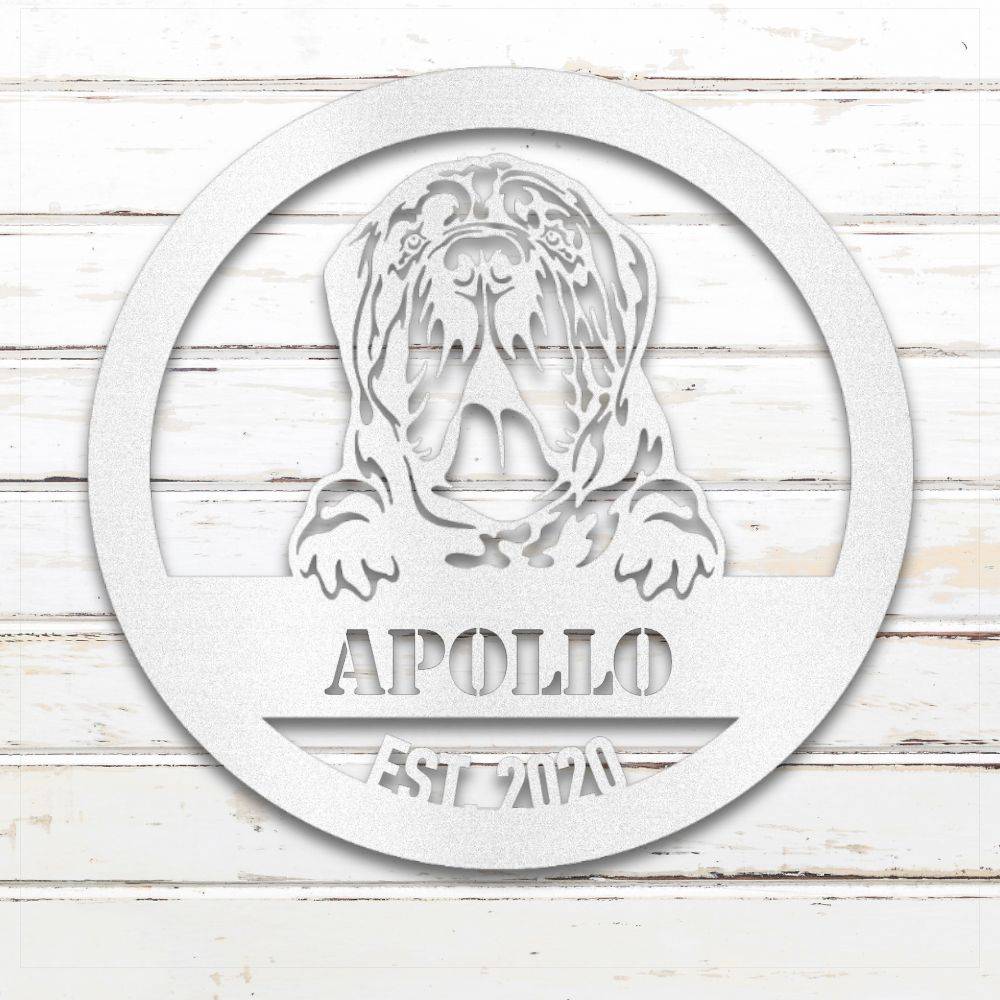 White Neapolitan Mastiff personalized metal wall art with custom name and year; handcrafted from rustproof, weatherproof American steel | Barkhaus Metal Co.