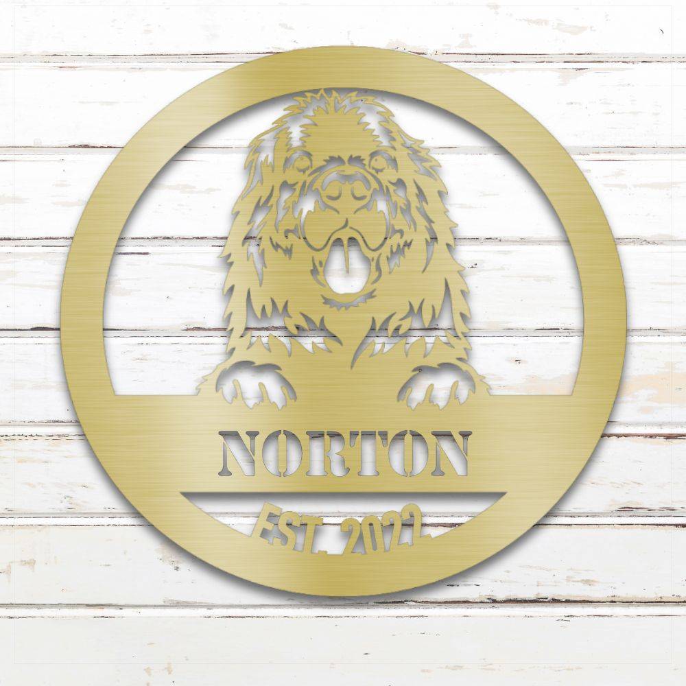 Gold Newfoundland personalized metal wall art with custom name and year; handcrafted from rustproof, weatherproof American steel | Barkhaus Metal Co.