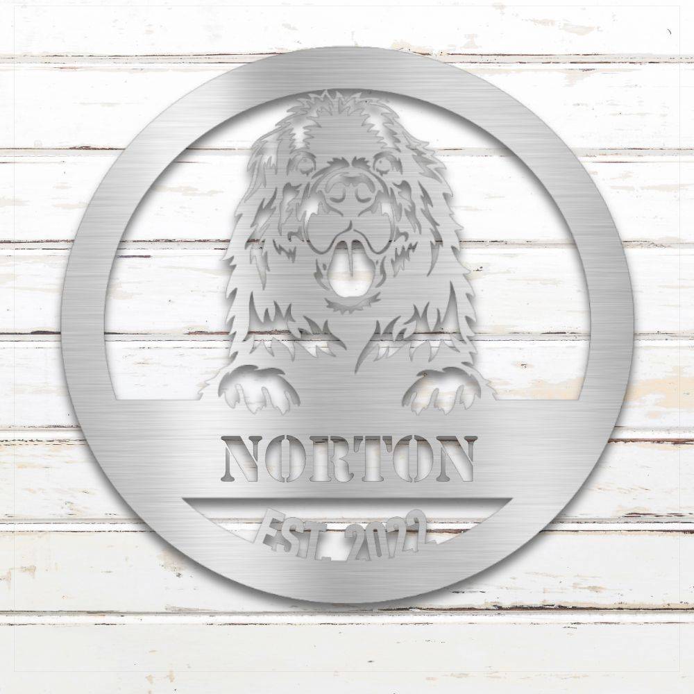 Silver Newfoundland personalized metal wall art with custom name and year; handcrafted from rustproof, weatherproof American steel | Barkhaus Metal Co.