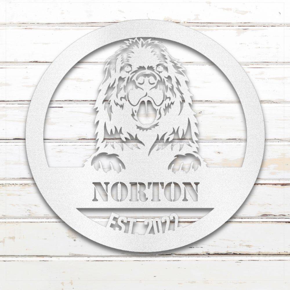 White Newfoundland personalized metal wall art with custom name and year; handcrafted from rustproof, weatherproof American steel | Barkhaus Metal Co.