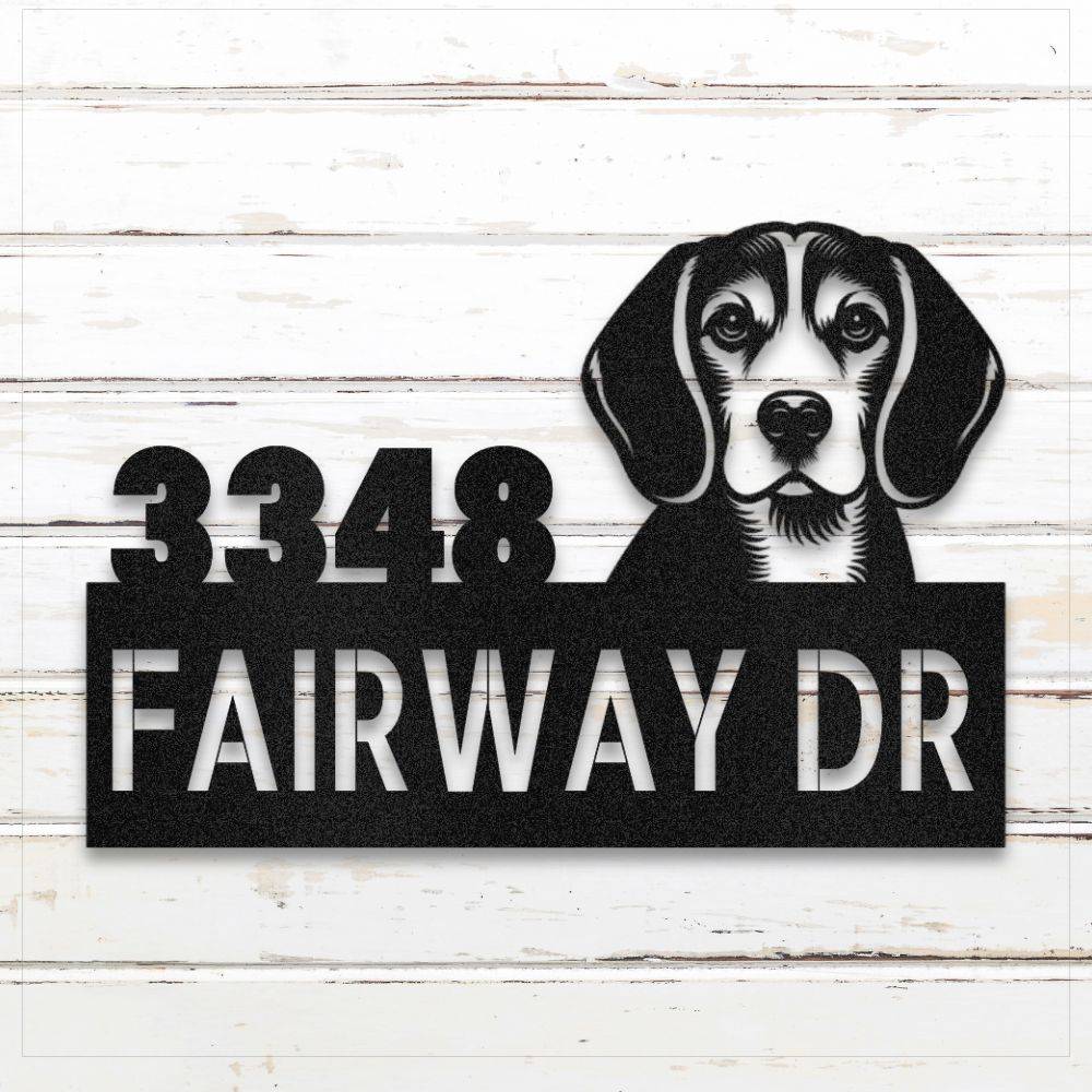 Black Beagle metal address sign with house number and personalized text; weatherproof and rustproof | Barkhaus Metal Co.