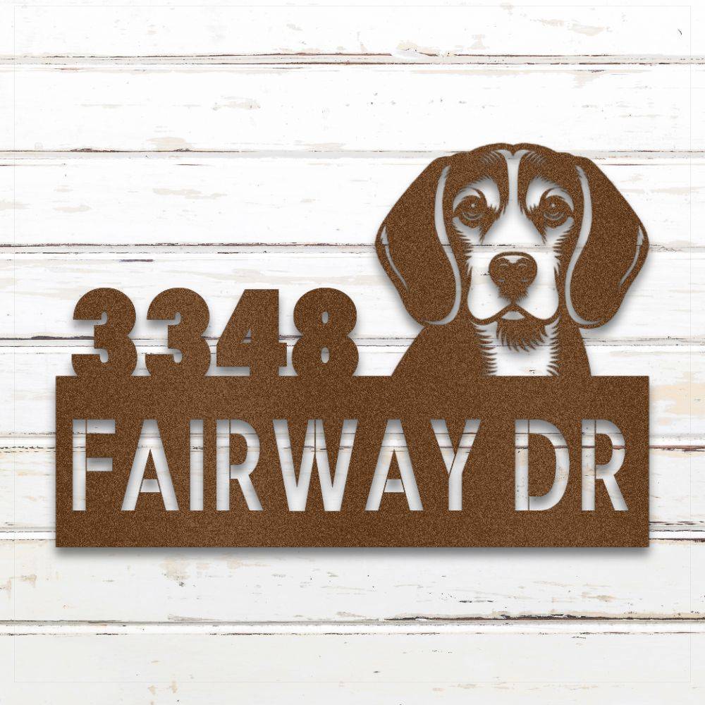 Copper Beagle metal address sign with house number and personalized text; outdoor-safe and rustproof | Barkhaus Metal Co.