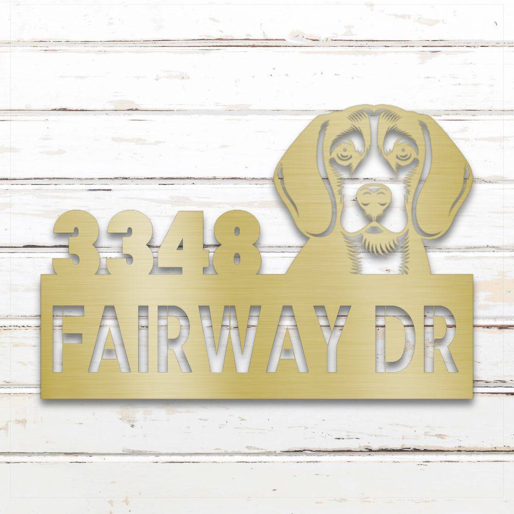 Gold Beagle metal address sign with house number and personalized text; rustproof and weather-resistant | Barkhaus Metal Co.