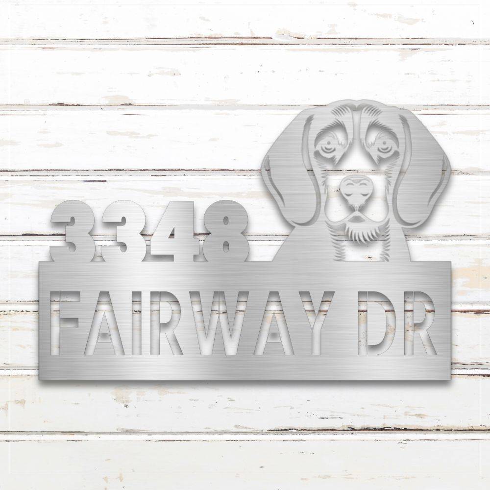 Silver Beagle metal address sign with house number and personalized text; rustproof and weatherproof | Barkhaus Metal Co.
