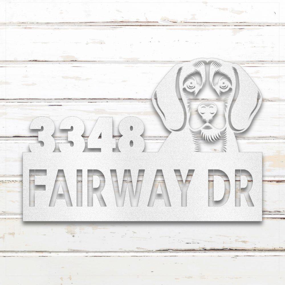 White Beagle metal address sign with house number and personalized text; rustproof and outdoor-safe | Barkhaus Metal Co.