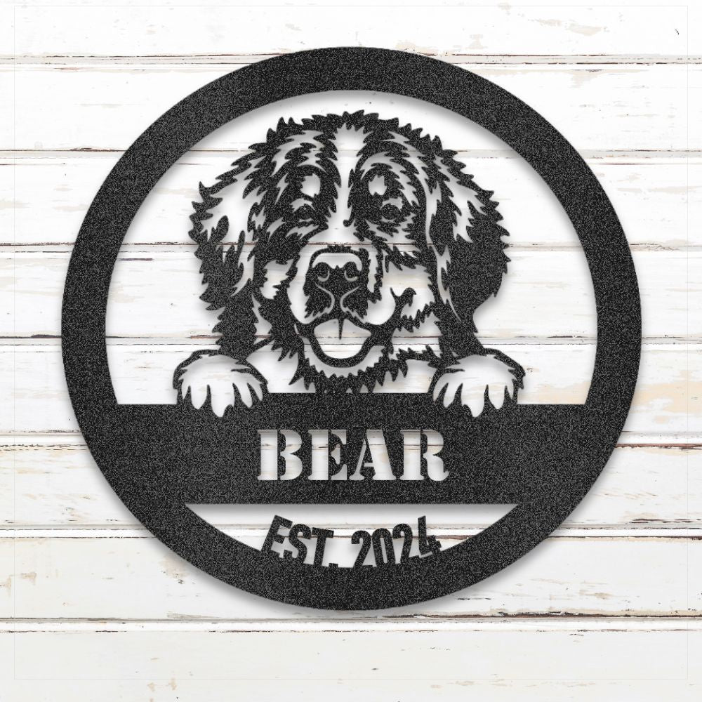 Black Bernese Mountain Dog personalized metal wall art with custom name and year; handcrafted from rustproof, weatherproof American steel | Barkhaus Metal Co.