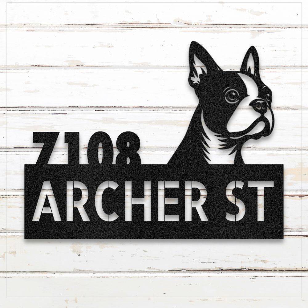 Black Boston Terrier metal address sign with house number and personalized text; rustproof and weatherproof | Barkhaus Metal Co.