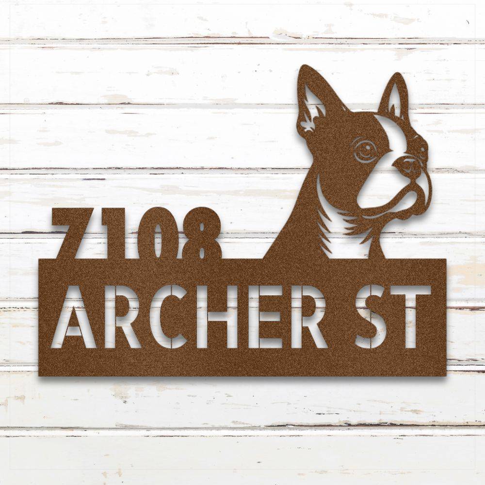 Copper Boston Terrier metal address sign with house number and personalized text; rustproof and weatherproof | Barkhaus Metal Co.