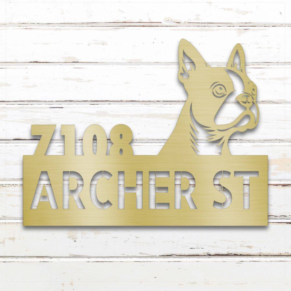 Copper Boston Terrier metal address sign with house number and personalized text; rustproof and weatherproof | Barkhaus Metal Co.