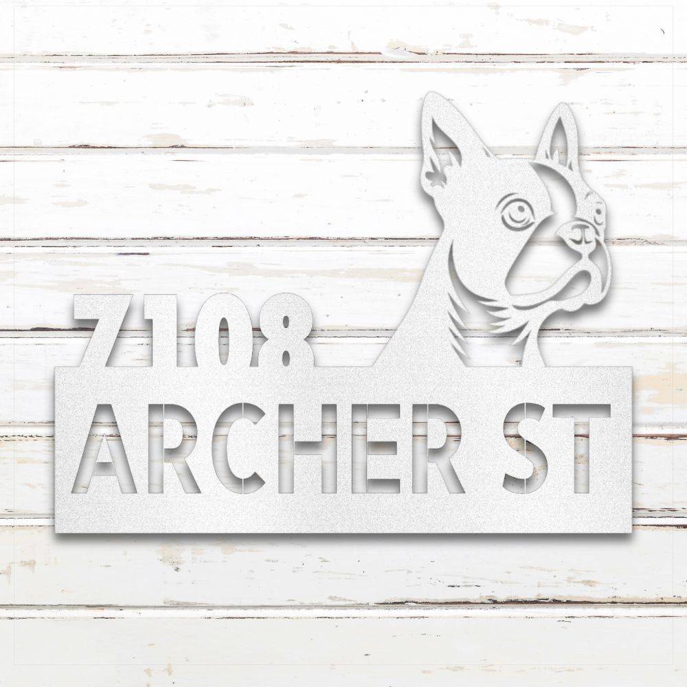 White Boston Terrier metal address sign with house number and personalized text; rustproof and weatherproof | Barkhaus Metal Co.