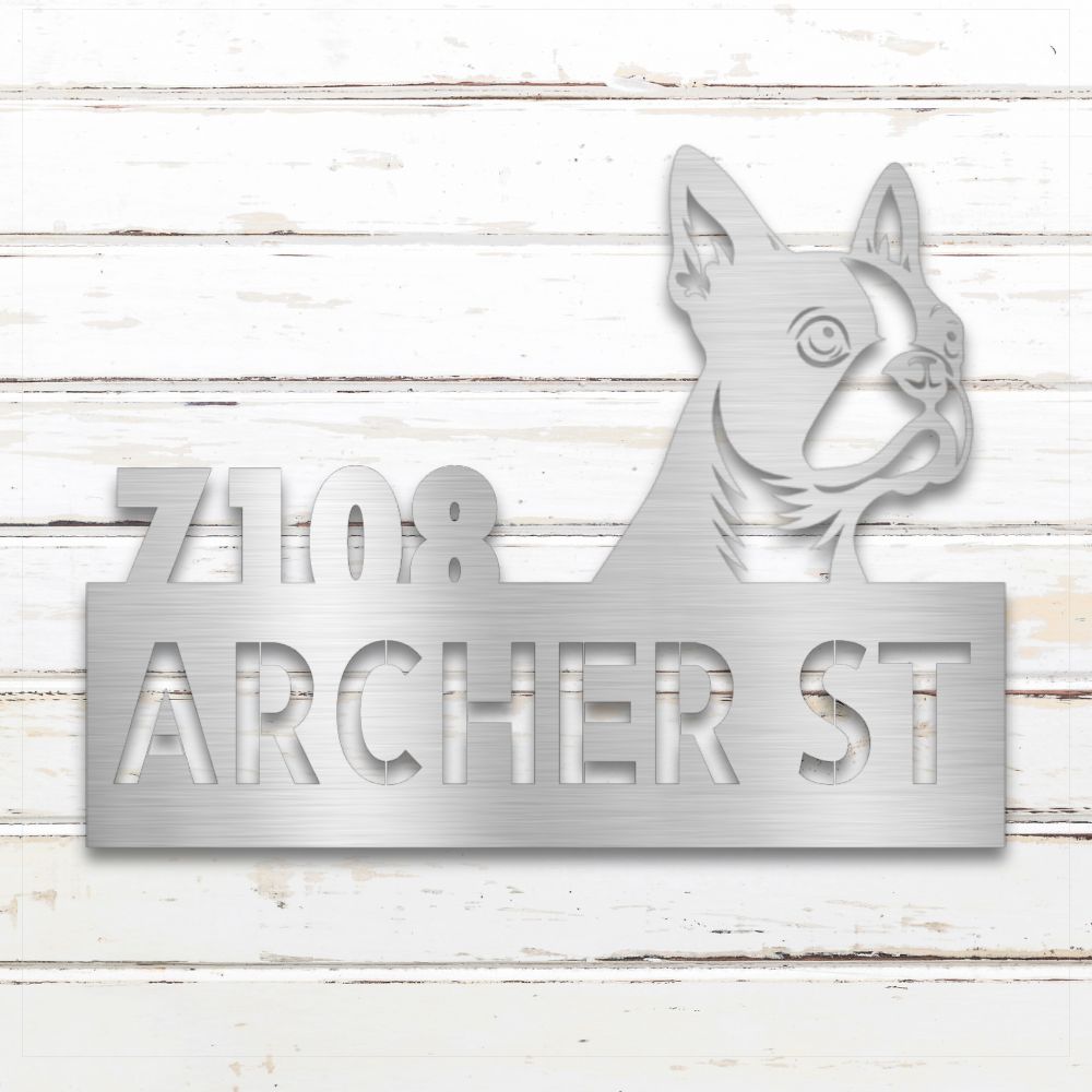Silver Boston Terrier metal address sign with house number and personalized text; rustproof and weatherproof | Barkhaus Metal Co.