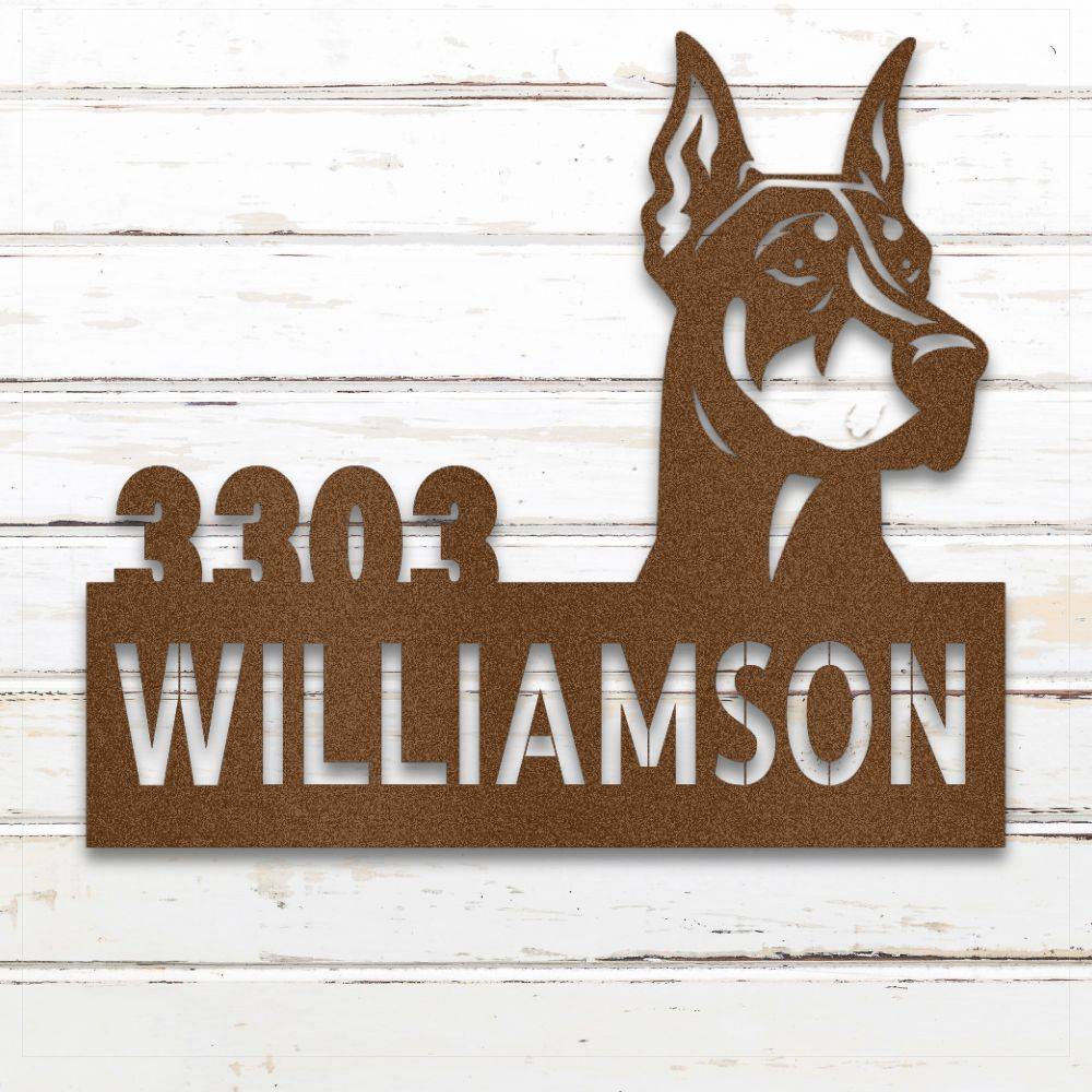 Copper Doberman metal address sign with house number and personalized text; rustproof and weather-resistant | Barkhaus Metal Co.