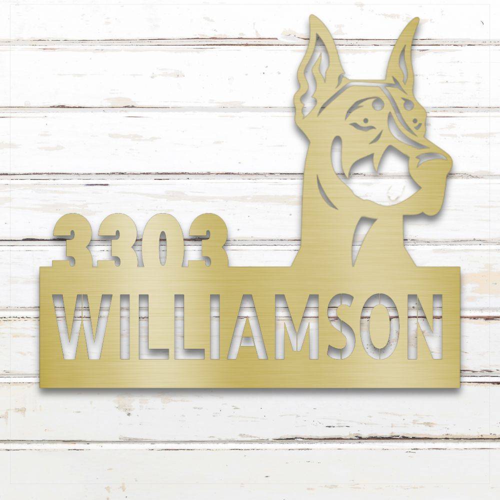 Gold Doberman metal address sign with house number and personalized text; outdoor-safe and rustproof | Barkhaus Metal Co.