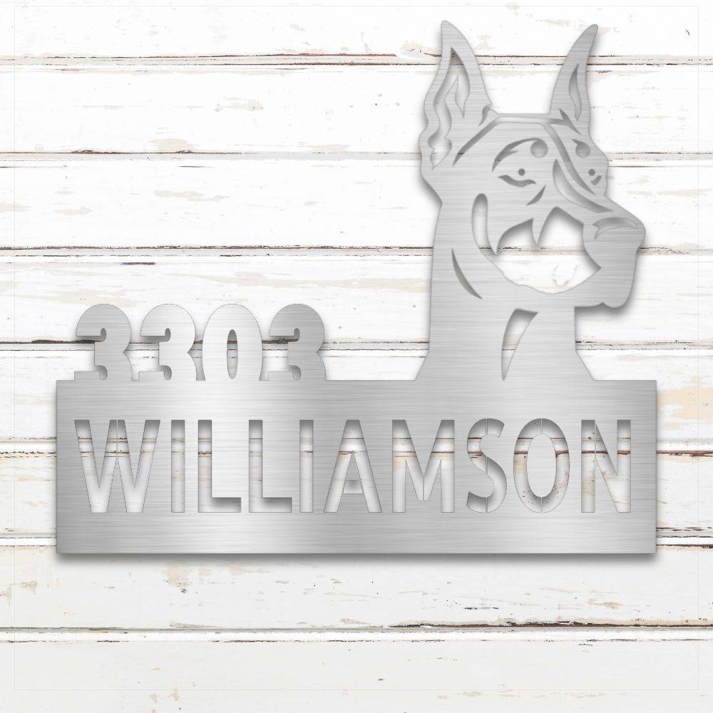 Silver Doberman metal address sign with house number and personalized text; rustproof and weatherproof | Barkhaus Metal Co.