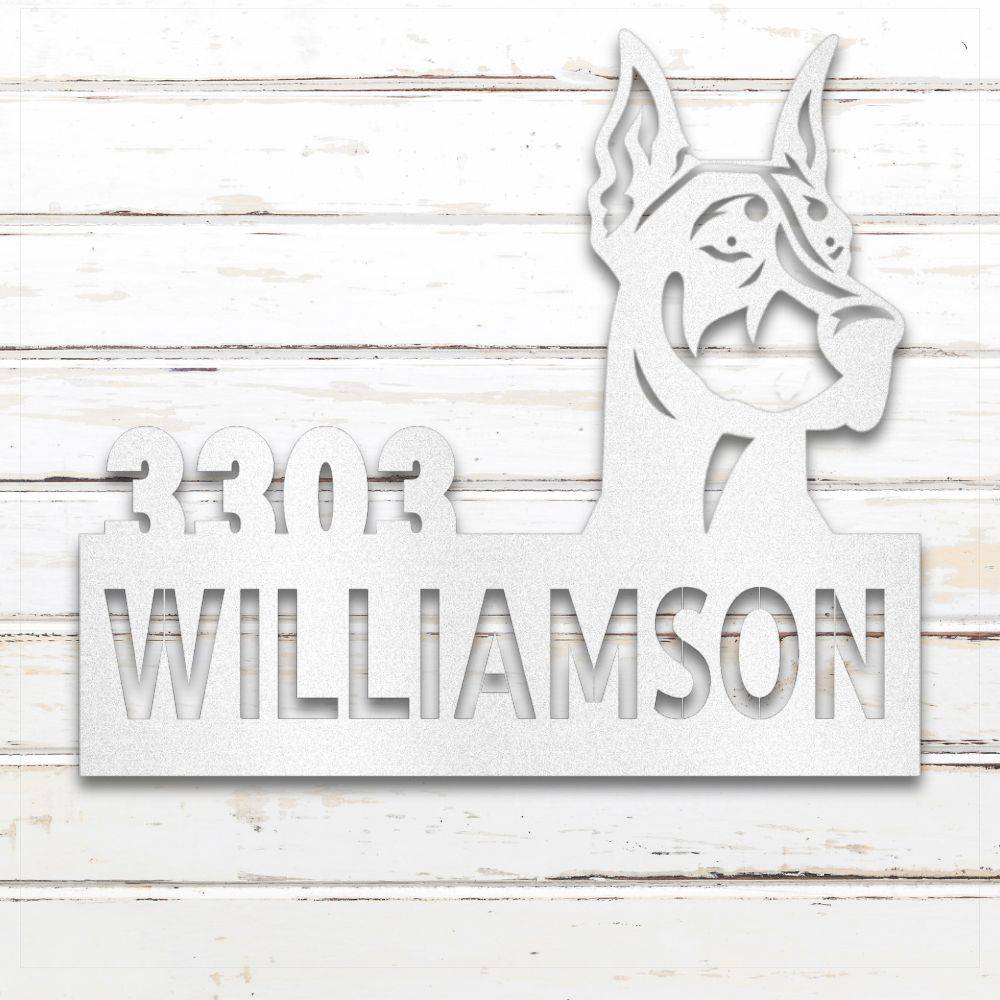 White Doberman metal address sign with house number and personalized text; rustproof and outdoor-safe | Barkhaus Metal Co.