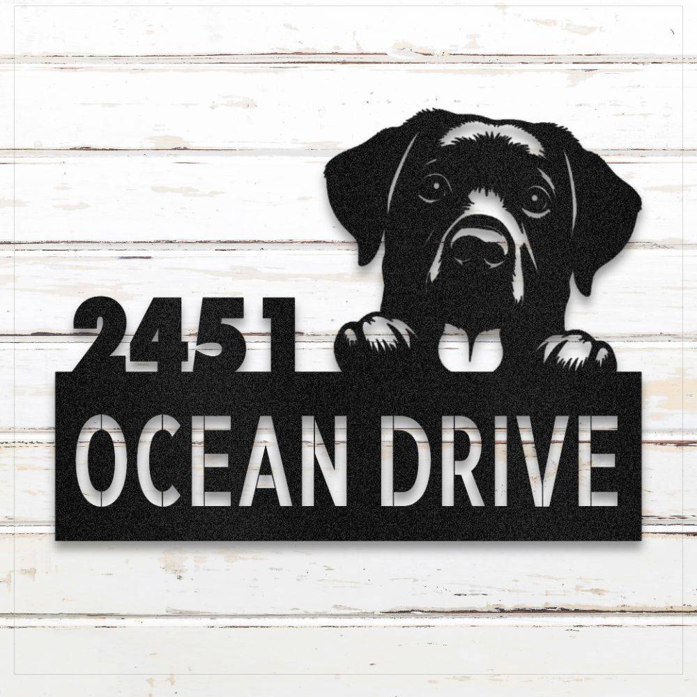 Black Labrador Retriever metal address sign with house number and personalized text; rustproof and weatherproof | Barkhaus Metal Co.