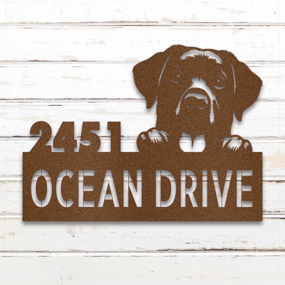 Copper Labrador Retriever metal address sign with house number and personalized text; outdoor-safe and rustproof | Barkhaus Metal Co.