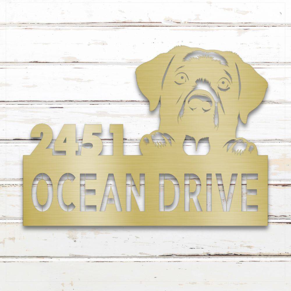 Gold Labrador Retriever metal address sign with house number and personalized text; rustproof and weather-resistant | Barkhaus Metal Co.