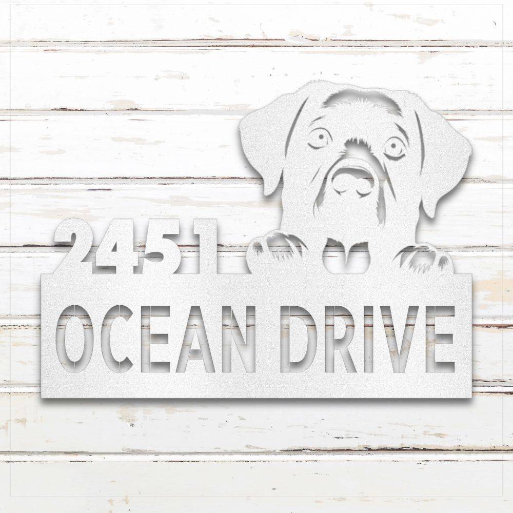 White Labrador Retriever metal address sign with house number and personalized text; outdoor-safe and rustproof | Barkhaus Metal Co.