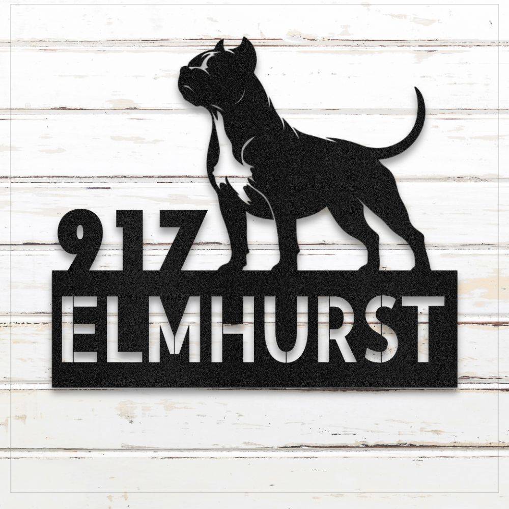 Black Pit Bull Terrier metal address sign with house number and personalized text; rustproof and weatherproof | Barkhaus Metal Co.