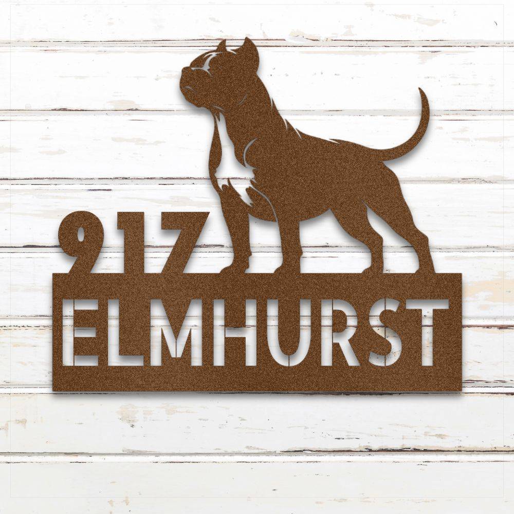 Copper Pit Bull Terrier metal address sign with house number and personalized text; rustproof and weatherproof | Barkhaus Metal Co.
