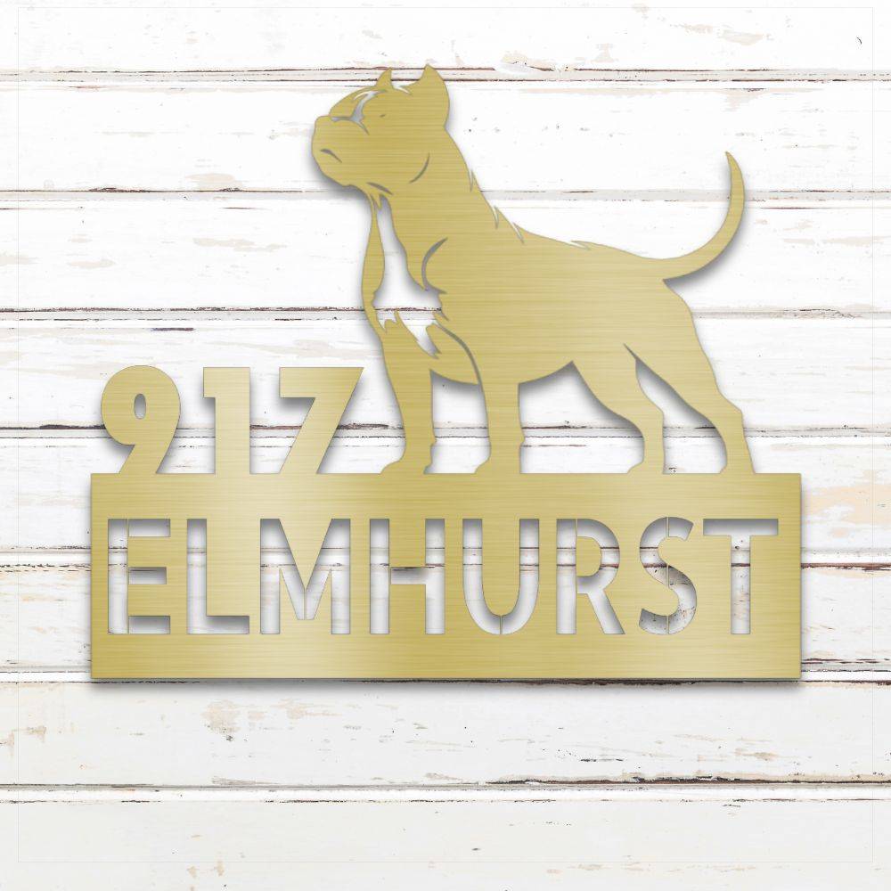 Gold Pit Bull Terrier metal address sign with house number and personalized text; rustproof and weatherproof | Barkhaus Metal Co.
