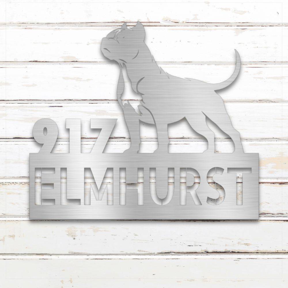 Silver Pit Bull Terrier metal address sign with house number and personalized text; rustproof and weatherproof | Barkhaus Metal Co.