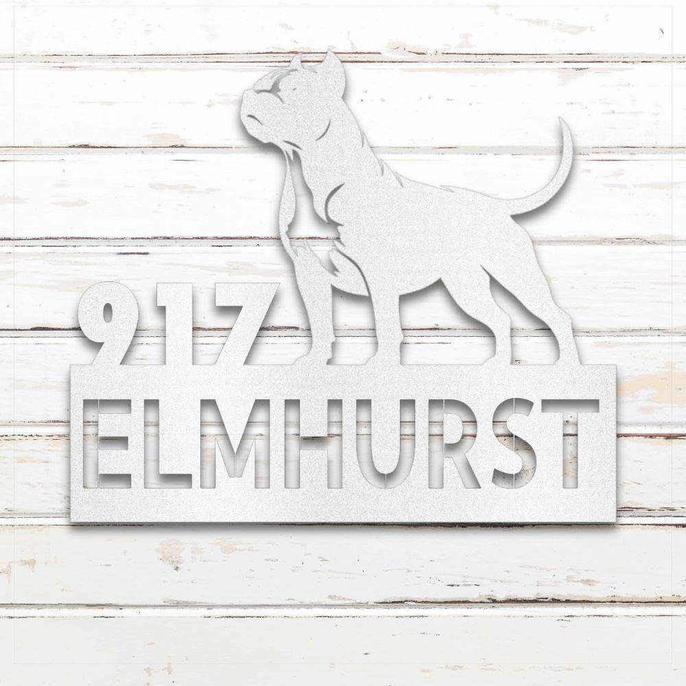 White Pit Bull Terrier metal address sign with house number and personalized text; rustproof and weatherproof | Barkhaus Metal Co.