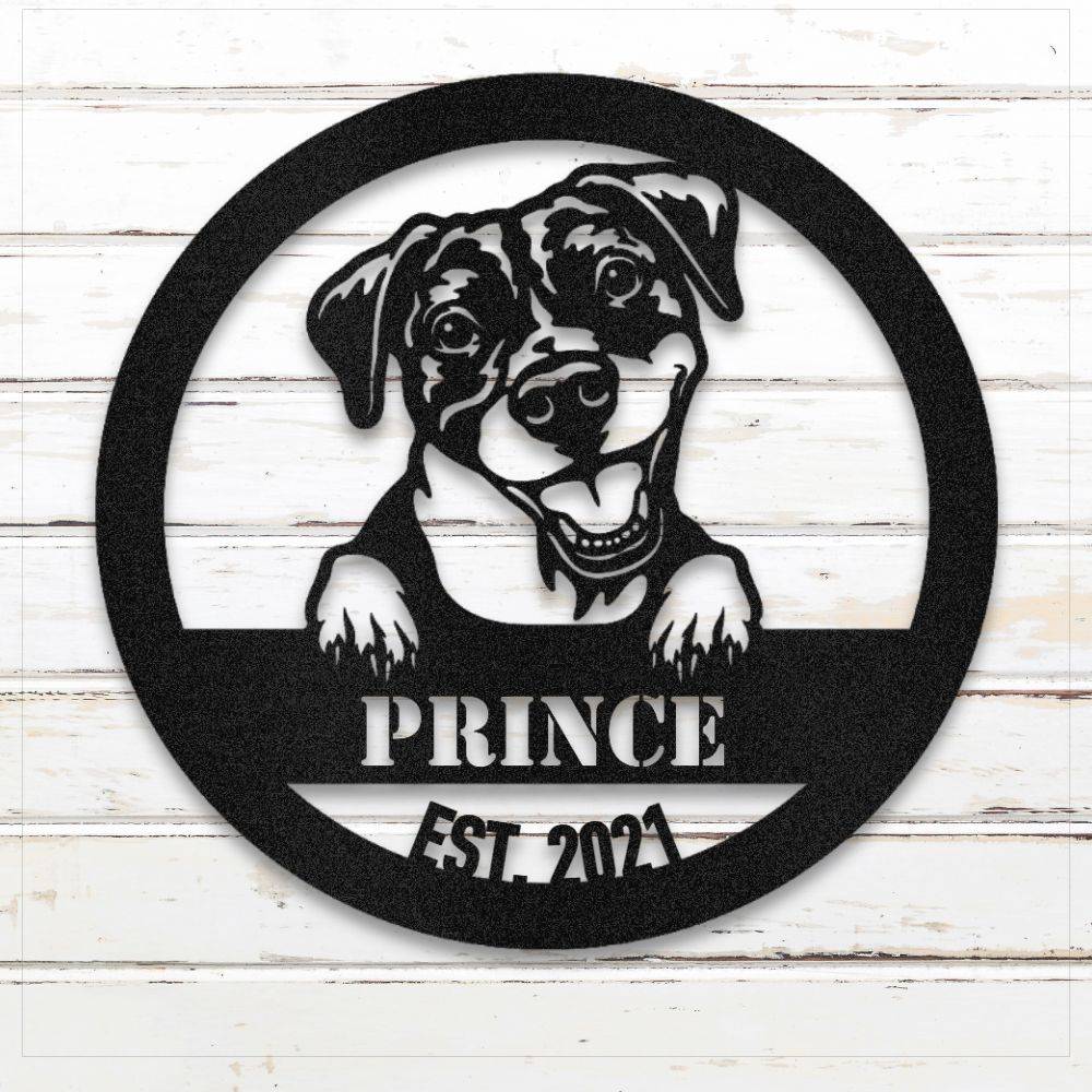Black Pit Bull Terrier personalized metal wall art with custom name and year; handcrafted from rustproof, weatherproof American steel | Barkhaus Metal Co.