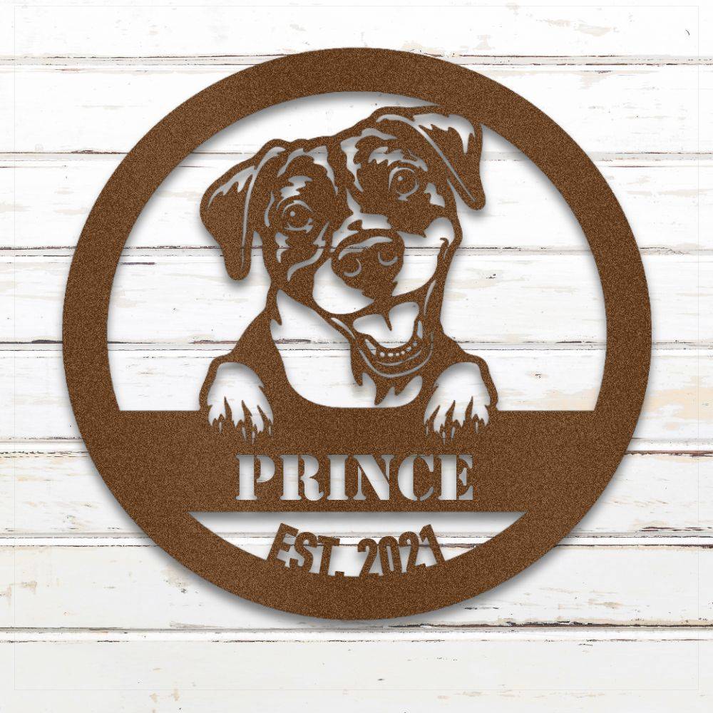Copper Pit Bull Terrier personalized metal wall art with custom name and year; handcrafted from rustproof, weatherproof American steel | Barkhaus Metal Co.