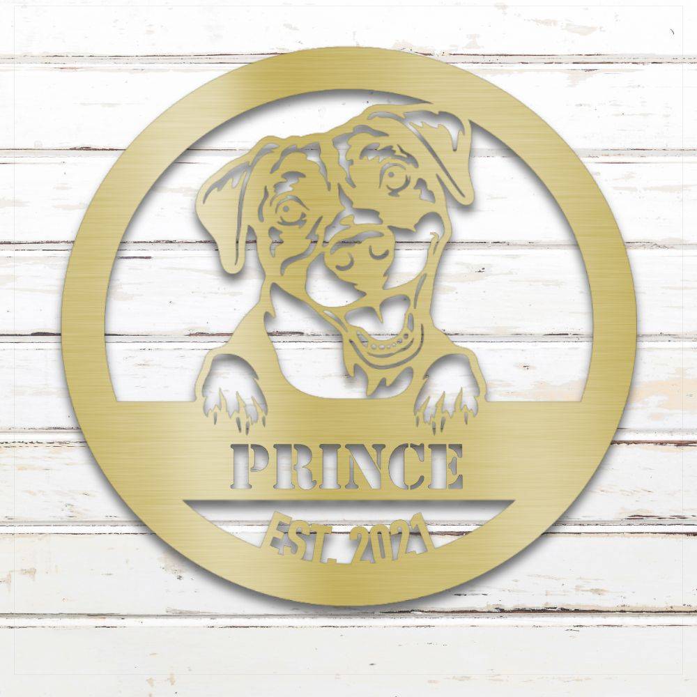 Gold Pit Bull Terrier personalized metal wall art with custom name and year; handcrafted from rustproof, weatherproof American steel | Barkhaus Metal Co.