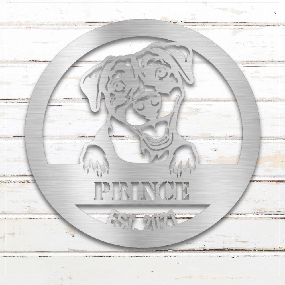 Silver Pit Bull Terrier personalized metal wall art with custom name and year; handcrafted from rustproof, weatherproof American steel | Barkhaus Metal Co.