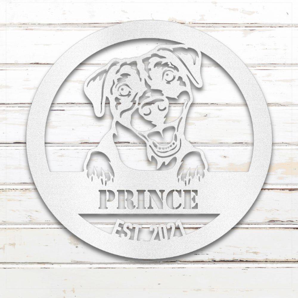 White Pit Bull Terrier personalized metal wall art with custom name and year; handcrafted from rustproof, weatherproof American steel | Barkhaus Metal Co.