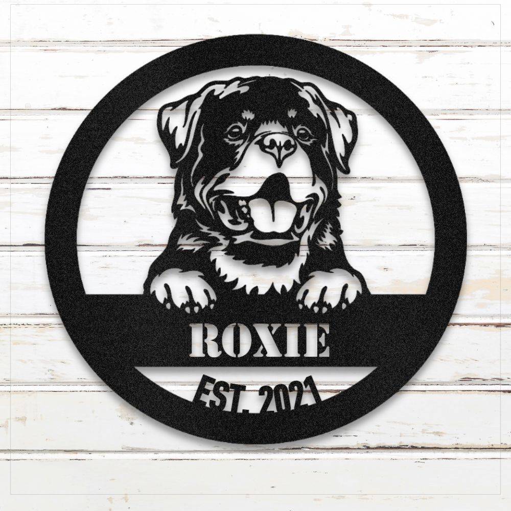 Black Rottweiler personalized metal wall art with custom name and year; handcrafted from rustproof, weatherproof American steel | Barkhaus Metal Co.