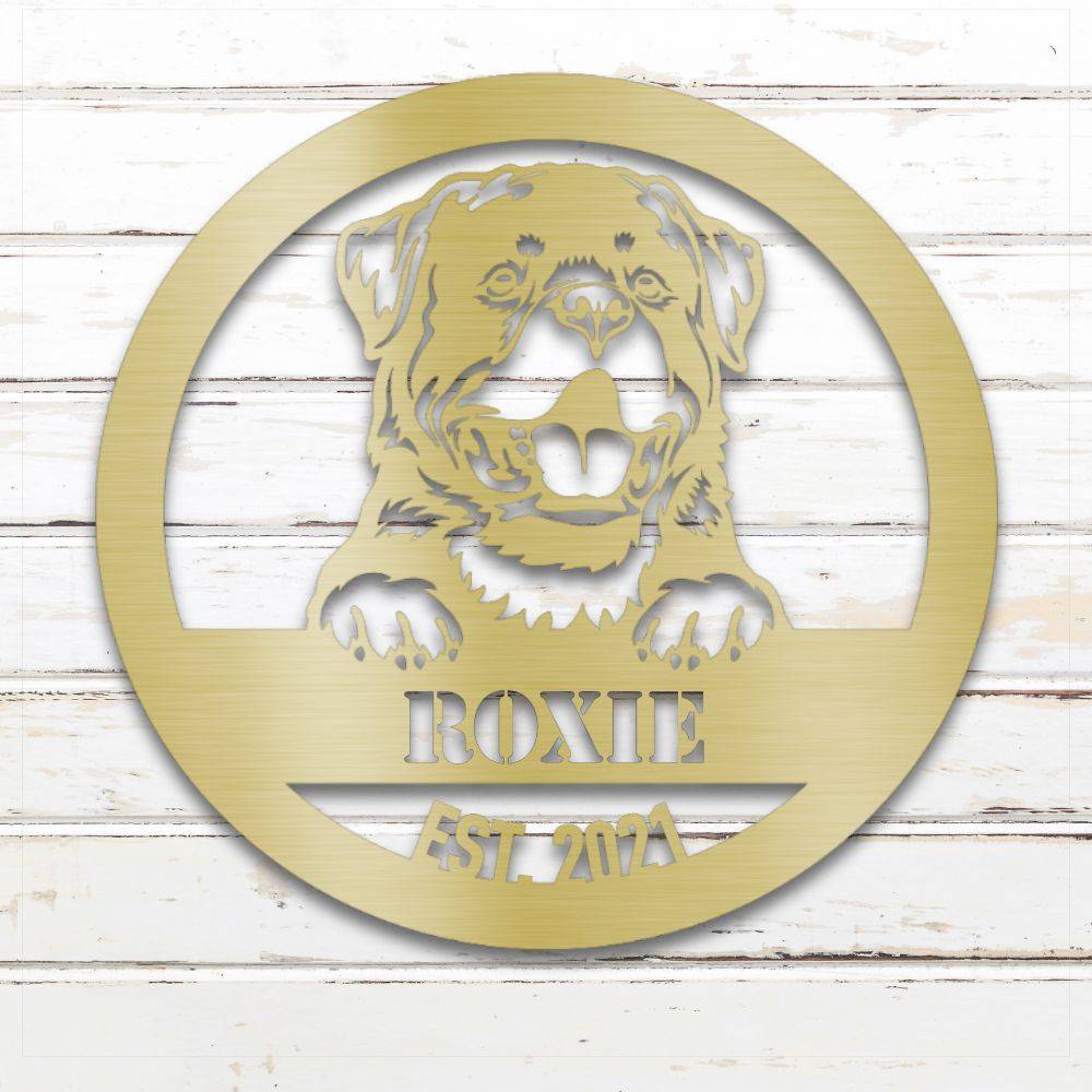 Gold Rottweiler personalized metal wall art with custom name and year; handcrafted from rustproof, weatherproof American steel | Barkhaus Metal Co.