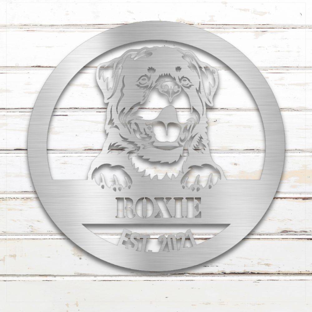Silver Rottweiler personalized metal wall art with custom name and year; handcrafted from rustproof, weatherproof American steel | Barkhaus Metal Co.
