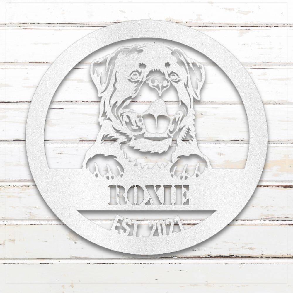 White Rottweiler personalized metal wall art with custom name and year; handcrafted from rustproof, weatherproof American steel | Barkhaus Metal Co.