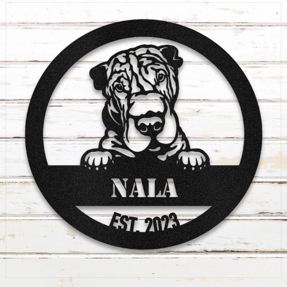 Black Shar-Pei personalized metal wall art with custom name and year; handcrafted from rustproof, weatherproof American steel | Barkhaus Metal Co.