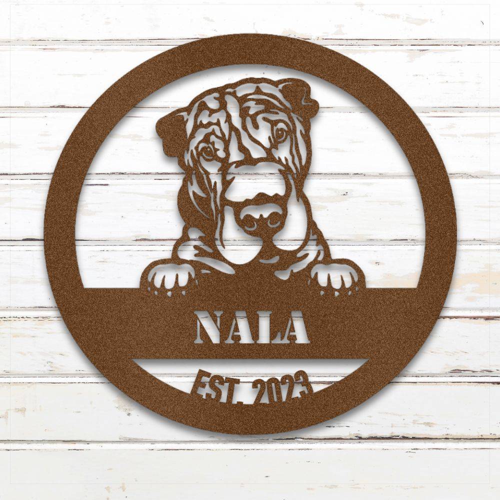 Copper Shar-Pei personalized metal wall art with custom name and year; handcrafted from rustproof, weatherproof American steel | Barkhaus Metal Co.