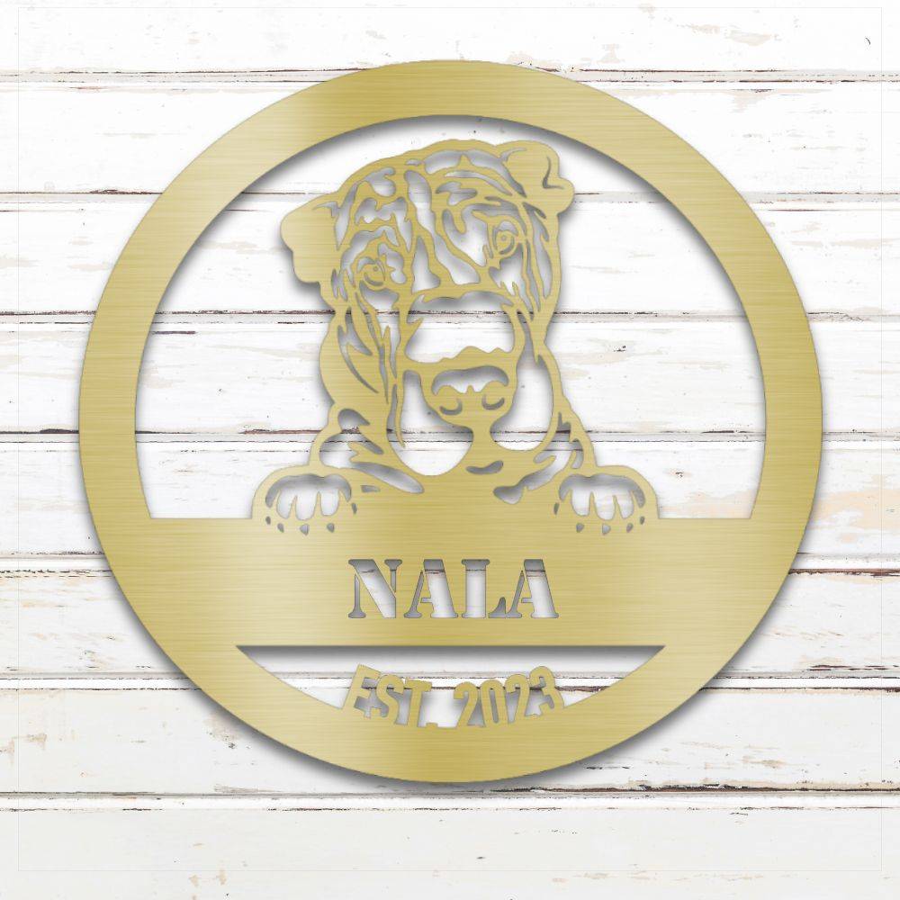 Gold Shar-Pei personalized metal wall art with custom name and year; handcrafted from rustproof, weatherproof American steel | Barkhaus Metal Co.