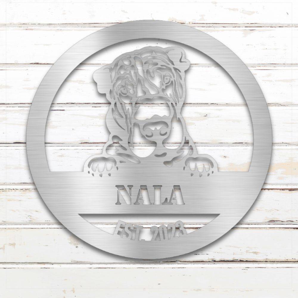 Silver Shar-Pei personalized metal wall art with custom name and year; handcrafted from rustproof, weatherproof American steel | Barkhaus Metal Co.